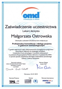 Stomatologia Dentica - Certyfikat - zaświadczenie Ostrowska M.