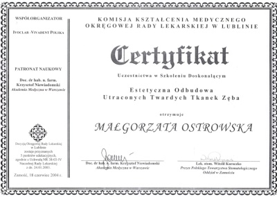 Stomatologia Dentica - Certyfikat - Ostrowska M.
