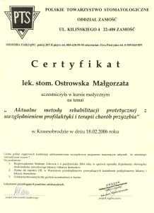 Stomatologia Dentica - Certyfikat - Małgorzata Ostrowska